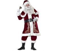 Fiacafyo Men's Christmas Santa Claus Costume Xmas Outfits Luxury Velvet Cosplay Fancy Dress Father Christmas Party Clothes (E-Red, M)