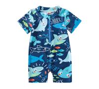 Fiacafyo Toddler Baby Boy Shark Bathing Suit Sun Protection One Piece Zipper Rash Guard Short Sleeve Summer Swimwear Swimsuit (A-Blue, 0-3 Months)