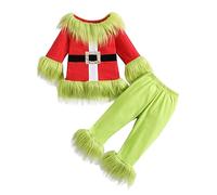 Fiacafyo Toddler Kids Christmas Clothes Baby Boy Girl Green Monster Clothes Furry Long Sleeve Top Pants Cosplay Xmas Outfit (A-green, 8-9 Years)