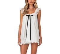 Fiacafyo Women Cute Babydoll Mini Dress Puff Sleeve Bow Tie Front Aline Dress Y2k Boho Floral Ruffle Flowy Beach Sundress (D-White, S)