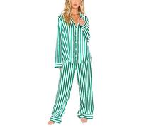 Fiacafyo Women Feather Christmas Pajamas Set Long Sleeve Lapel Button Up Shirt Tops + Pants 2 Piece Pjs Sleepwear Silk Loungewear (G-Green, M)