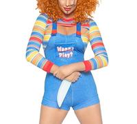 Fiacafyo Women Halloween Scary Nightmare Killer Doll Costume 2 Pcs Sexy Movie Character Bodysuit Denim Romper With Rainbow Striped Shirt Top (A-Blue, S)