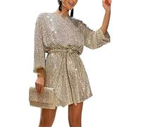 Fiacafyo Women Long Sleeve Sequins Glitter Dress Sparkly Party Loose Fit Shift Mini Short Dress Elegant Evening Cocktail Dress (A-Golden, XXL)