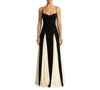 Fiacafyo Women Patchwork Color Block Dress Low Cut High Waist Flowy Maxi Dress Elegant Spaghetti Strap Swing Dress Evening Gown Dress (A-Black, S)