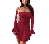 Fiacafyo Women Puff Sleeve Lace-up Fairy Dress Tunic Elegent Off-Shoulder Party Dress Elastic Waist A-line Mini Dress Streetwear (F-Red, S)