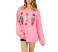 Fiacafyo Women Sequin Nutcracker Sweatshirt Casual Round Neck Pullover Shirt Sweater Sparkle Glitter Funny Graphic Holiday Top (A-Pink, M)