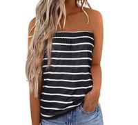 Fiacafyo Women Sexy Strapless Tube Tops Sleeveless Floral Print Pleated Bandeau Boat-Neck Loose Flowy Wrap Chest Tank Tops (A-Black Stripes, M)