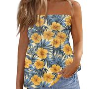 Fiacafyo Women Sexy Strapless Tube Tops Sleeveless Floral Print Pleated Bandeau Boat-Neck Loose Flowy Wrap Chest Tank Tops (D-Light Blue, XL)