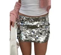Fiacafyo Women Shiny Sequin Mini Skirt Sparkly Hip Glitter Bodycon Dance Skirts Low Rise Y2k Rave Party Club Night Pencil Skirts (D-Silver, M)