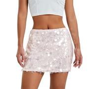 Fiacafyo Women Shiny Sequin Mini Skirt Sparkly Hip Glitter Bodycon Dance Skirts Low Rise Y2k Rave Party Club Night Pencil Skirts (F-Transparent, S)