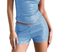 Fiacafyo Women Shiny Sequins Shorts Sexy Elastic Low Waist Sparkly Night-Out Fashion Hot Pants Glitter Party Club Mini Shorts (C-Blue, S)