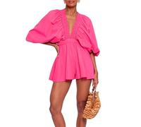 Fiacafyo Women Summer Deep V-Neck Floral Print Romper Boho Long Baggy Puff Sleeve Playsuit Beach Vacation Short Plaid Jumpsuit (B-Rose Red, M)