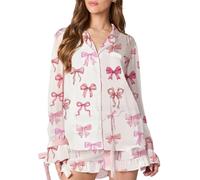 Fiacafyo Women Valentine’s Day Pajama Set Cute Bow Tie Long Sleeve Tops Ruffle Shorts Y2k Preppy 2 Piece Satin Pajamas Sets (B-White, M)