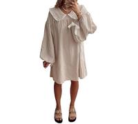 Fiacafyo Women Y2K Cute Babydoll Dress Long Puff Sleeve Doll Collar Sweet Flowy Dress Summer Loose Fit Gingham Mini Dress (A-Khaki, S)