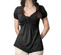 Fiacafyo Women Y2k Fairy Grunge Crop Tops Ruffle Short Sleeve Off Shoulder Blouse Slim Fit 90s Aesthetic T-Shirt Streetwear (C-Black, S)