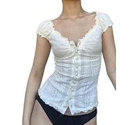 Fiacafyo Women Y2k Fairy Grunge Crop Tops Ruffle Short Sleeve Off Shoulder Blouse Slim Fit 90s Aesthetic T-Shirt Streetwear (A-White, S)