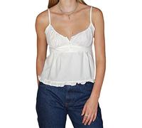 Fiacafyo Women Y2k Lace Trim Cami Tank Top Sweet Spaghetti Strap V-Neck Slim Camisole Aesthetic Fairy Grunge Going Out Tops (D-White, L)