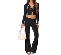 Fiacafyo Women Y2k Ribbed Knit 2 Piece Outfits Long Sleeve Zip Up Hoodie Crop Top and Bodycon Long Pants Set Tracksuits Loungewear (A-Black, XL)