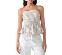 Fiacafyo Women Y2K Tie Front Tube Top Sexy Strapless Ruffle Hem Peplum Bandeau Top Summer Cute Going Out Top Tank Top (F-Beige, M)