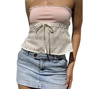Fiacafyo Women Y2K Tie Front Tube Top Sexy Strapless Ruffle Hem Peplum Bandeau Top Summer Cute Going Out Top Tank Top (D-Pink, S)