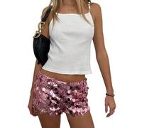 Fiacafyo Women's A-Pink Sequins Shorts Elastic Low Waist Sparkly Night-Out Hot Pants Glitter Party Club Mini Shorts S