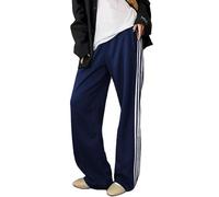 Fiacafyo Women's Baggy Drawstring Sweatpants Y2K Elastic Waist Side Striped Straight Leg Palazzo Pants with Pockets Streetwear (A-Dark Blue, L)