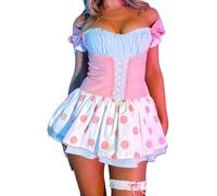 Fiacafyo Women's Bo Peep Halloween Costume Outfits Sweet Ruffle Short Sleeve Polka Dot Off Shoulder Mini Dress Party Cosplay (A-Pink, M)