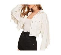 Fiacafyo Women's Casual Fringe Trim Ripped Denim Jacket Oversized Long Sleeve Tassel Jean Coat Button Front Boyfriend Coat Streetwear (A-White, L)
