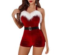 Fiacafyo Women's Christmas Mrs.Claus Costume Sleeveless Faux Fur Trim Halter Velvet Romper Short Jumpsuit Christmas Bodysuit (A-Red, M)