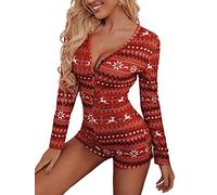 Fiacafyo Womens Christmas Romper Pajamas Shorts One Piece Jumpsuit Sexy Deep V-neck Long Sleeve Bodycon Pjs Overall Outfit (A-Wine Red, XXL)
