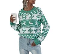 Fiacafyo Women's Christmas Snowflake Patterns Pullover Long Sleeve Reindeer Xmas Printed Knitted Sweater Round Neck Warm Crochet Pullover (C-Green, L)