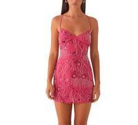 Fiacafyo Women's Glitter Sequin Cami Dress Y2K Sleeveless Spaghetti Strap Backless Bodycon A Line Mini Dress Party Nightclub (C-Rose Red, S)
