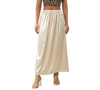 Fiacafyo Women's Satin Half Slip Under Dresses Lace Trim Elastic Waist Long Underskirt Solid Color Lingerie Skirt Maxi Slip Skirt (A-Champagne, M)