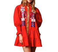 Fiacafyo Womens Sequin Nutcracker Christmas Dress Long Sleeve Button Down Tiered Dress Sparkly Glitter Ruffle Loose Shirt Dress (A-Red, XXL)