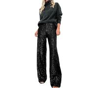 Fiacafyo Womens Sexy Sparkly Sequin Pants Casual Elastic High Waist Straight Wide Leg Glitter Palazzo Pants Y2K Streetwear (C-Black, L)