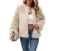 Fiacafyo Women's Winter Faux Fur Coats Fuzzy Solid Color Plush Short Parka Coat Long Sleeve Pockets Shaggy Warm Outerwear (A-Beige, XL)