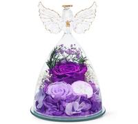 FIACO Gifts for Women Mom Preserved Rose Forever Flower in Glass Angel Figurine Fresh Flowers for Delivery Birthday Gifts for Grandma Wife Sister Christmas Anniversary Eternal Purple Roses