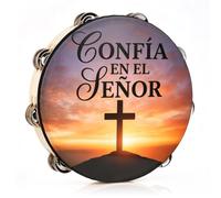 Fiada 10 Inch Adult Spanish Tambourine with Double Row Jingles, Large Panderos De Danza Cristianos Hand Musical Instrument for Christian Dance Church Religious Events(Trust in the Lord)