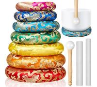 Fiada 10 Pcs Singing Bowl Cushion Set 7 Silk Cloth O Ring with 3 Crystal Singing Bowl Mallet Include Solid and Hollow Stick Wood Handle Rubber Mallet for 6-12" Tibetan Sound Meditation(Rainbow)