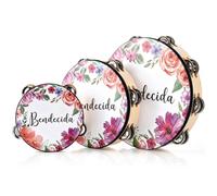 Fiada 3 Pcs Spanish Blessed Tambourines for Church Adults Christian Dance Tambourine 6 8 10 Inch Double Row Jingles Bible Hand Bell Clap Drum for Church Choir