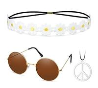 Fiada Hippie Costume Set 60's Style Circle Glasses Peace Sign Necklace Daisy Sunflower Headbands for Women Men Dressing Accessory Hippie Party Supplies (Dark Brown, Yellow)