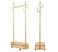 fiakoais Golden Clothes Rail, Heavy Duty Metal Garment Rack with Lockable Wheels, Clothes Rack with Storage Basket and Side Hooks, Freestanding Coat Rack for Bedroom Hallway, Hanging Rail (Golden)