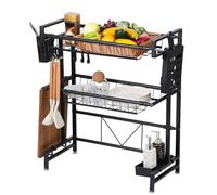 fiakoais Over The Sink Dish Drying Rack, 2 Tier Over Sink Drainer Rack, Adjustable Expandable Dish Drying Rack, Above Sink Storage Shelf for Kitchen Counter Organisation (Black)