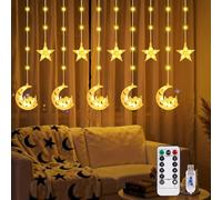 FIALAME 130 LED Ramadan Star Moon Curtain String Lights,8 Modes Ramadan Lights Decorations for Home,Hanging Moon Star Fairy String Lights,Ramadan Window Curtain Fairy Lights,Remote & USB Plug,Gifts