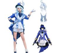 Fiamll Kenshin Focalors Cosplay Costume Outfit Characters Uniform Dress Full Set Halloween Dress Up Suit with Wig Hat, Blue-focalors, XXL