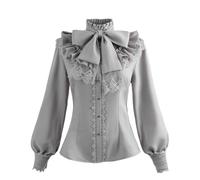 Fiamll Women's Victorian Blouse Vintage Bow Shirt Stand-Up Collar with Ruffles Long Sleeve Medieval Blouse, gray, XXXL
