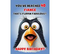 Fiance 40th Birthday Card (Funny Shocked Penguin) - From Fiancee For Him Age Male Boy Man Animal Greeting Blank Inside Envelope Included Gift Idea UK