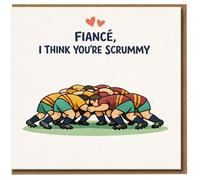 Fiancé Card - Funny Rugby Pun - I Think You're Scrummy - Rugby Scrum Illustration - Cute Hearts - Love/Anniversary or Valentine's Day Card for Him