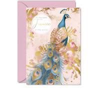 Fiancée Birthday Card - Gold Peacock - Beautiful Happy Birthday Card for Fiancée from Partner Fiancé, 5x7 Inch Female Bird Bday Golden Greeting Cards