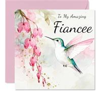 Fiancee Birthday Card - Hummingbird Wishes - Happy Birthday Card for Fiancee from Fiance Partner, 145mm Pink Floral Illustration Bday Greeting Cards